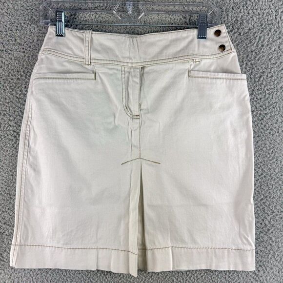 New York & Company‎ Skirt Womens 2 Tan Denim Style Pleat Front Pockets Stretch - Picture 1 of 10